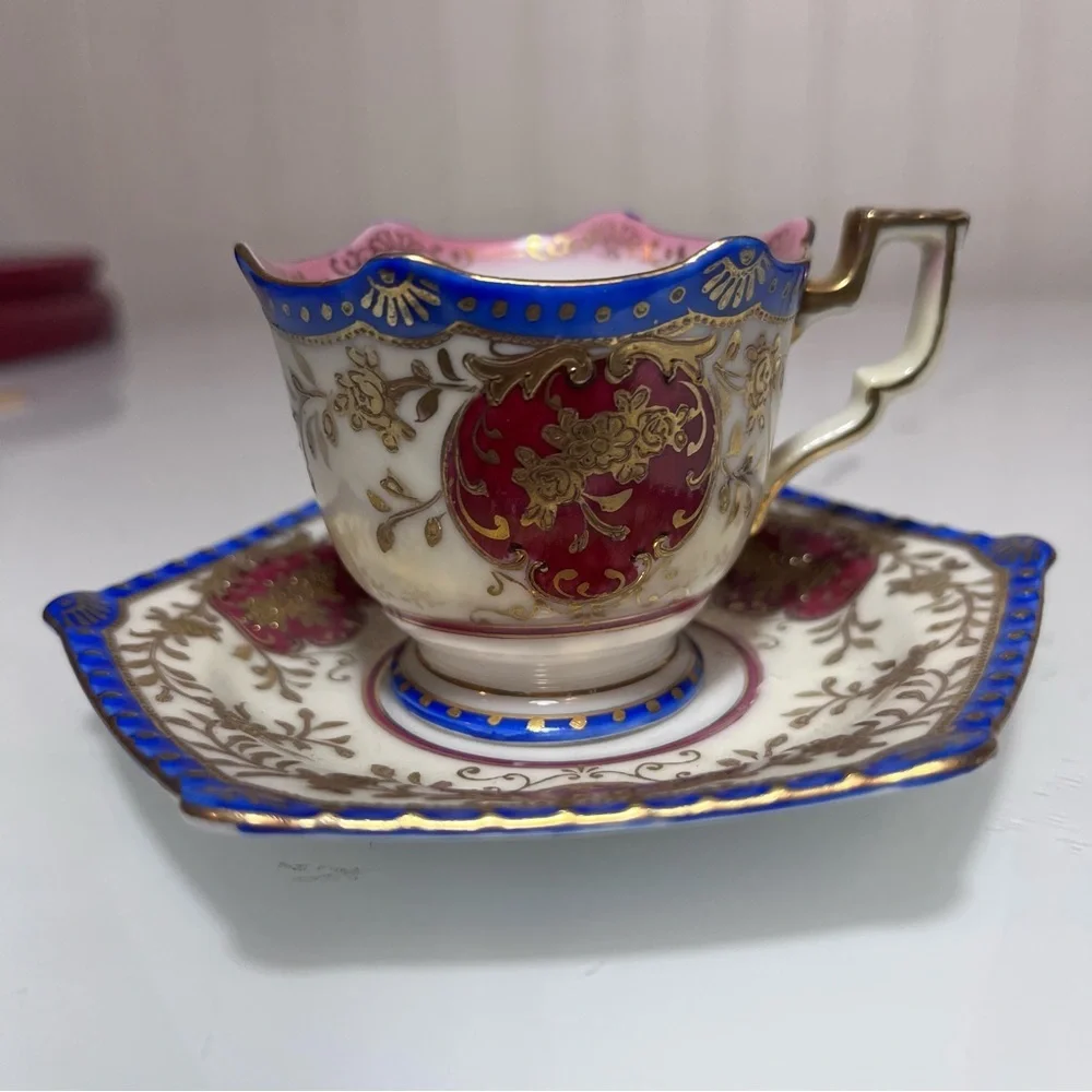 Japanese Ornate Gilt Porcelain Tea Cup & Saucer - Pink, Blue, Gold miniature